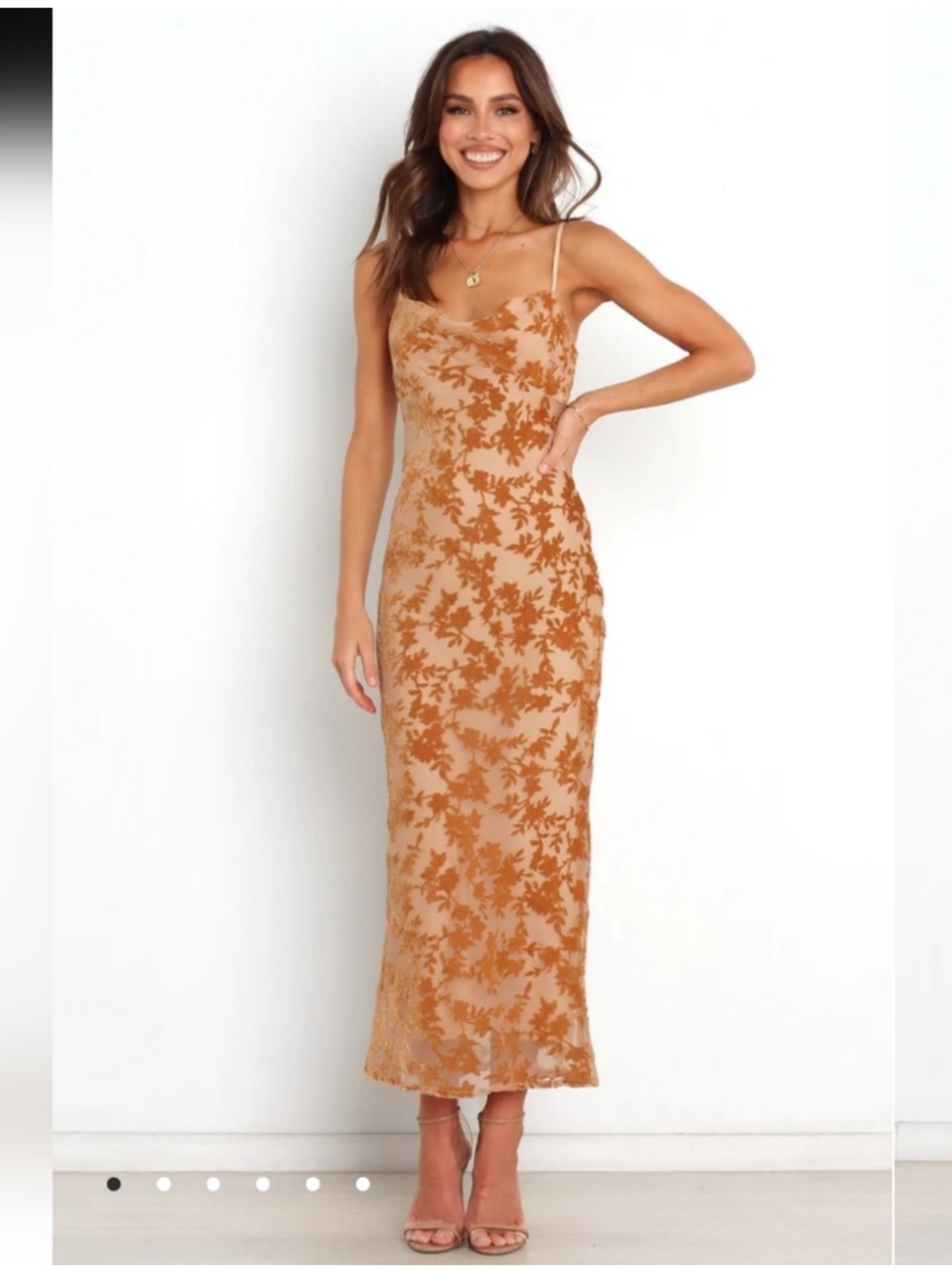Spaghetti Strap Floral Lace Midi Dress in Caramel